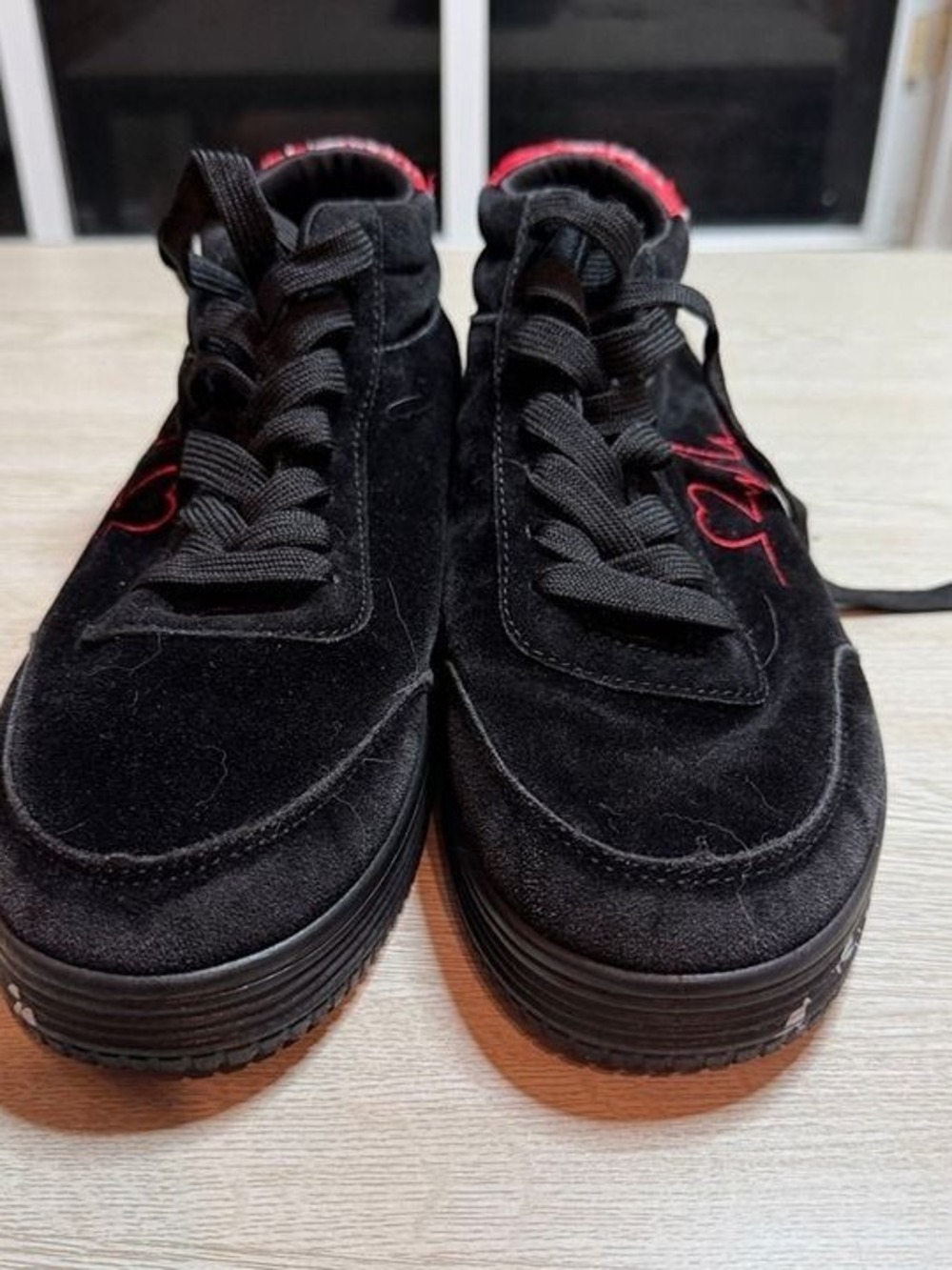 Black Red Men's Black Suede Sport Sneakers with Red Hearts